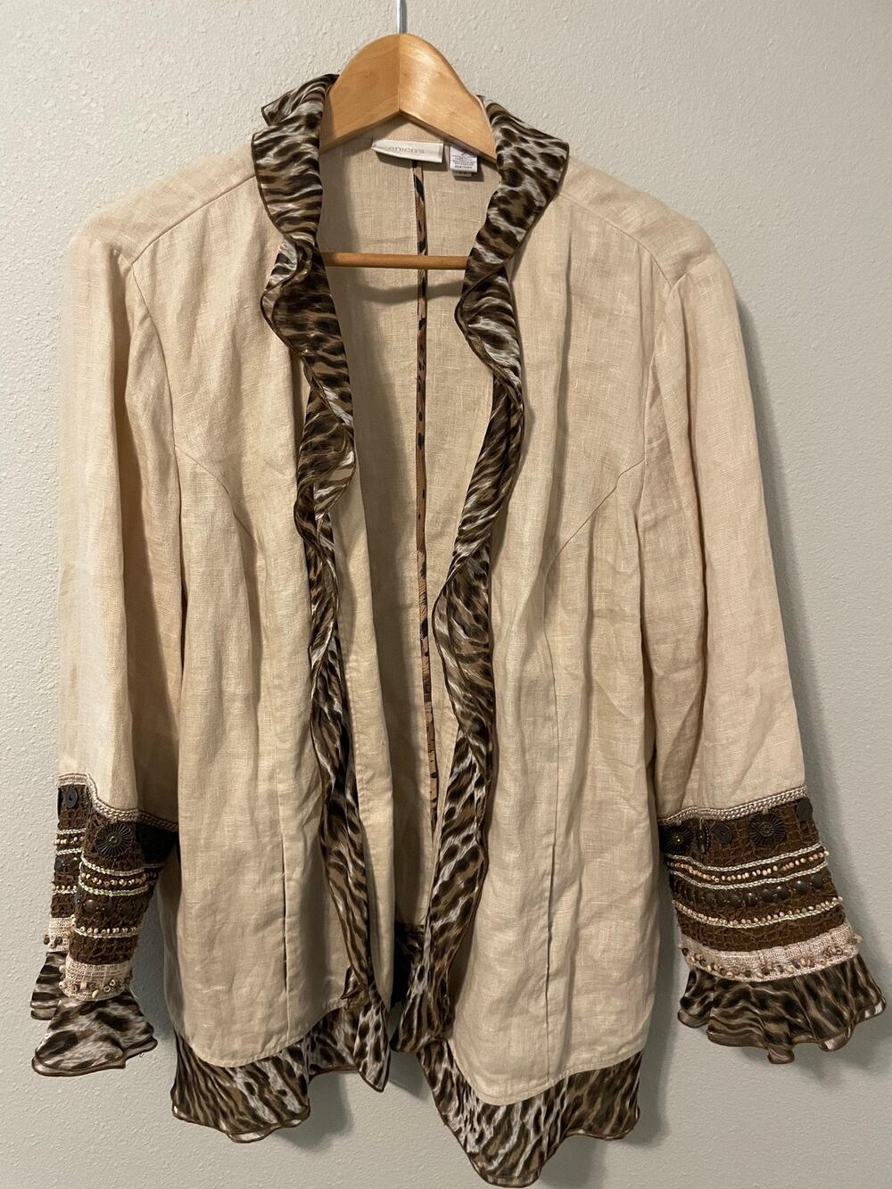 Chicos Top Womens 2 US Large Beige Linen Animal Print Open Front Beaded Boho